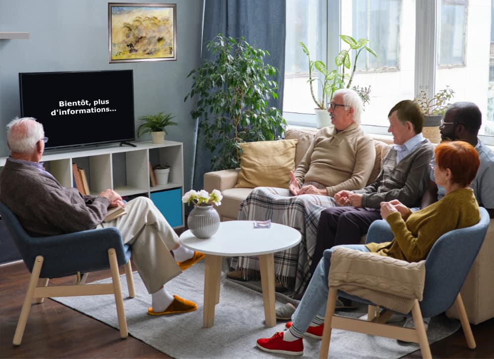 Une famille dans le salon avec une peinture de Diane Gabrielle Sibelle Lemor qui regardent l'annonce sur la télévision...